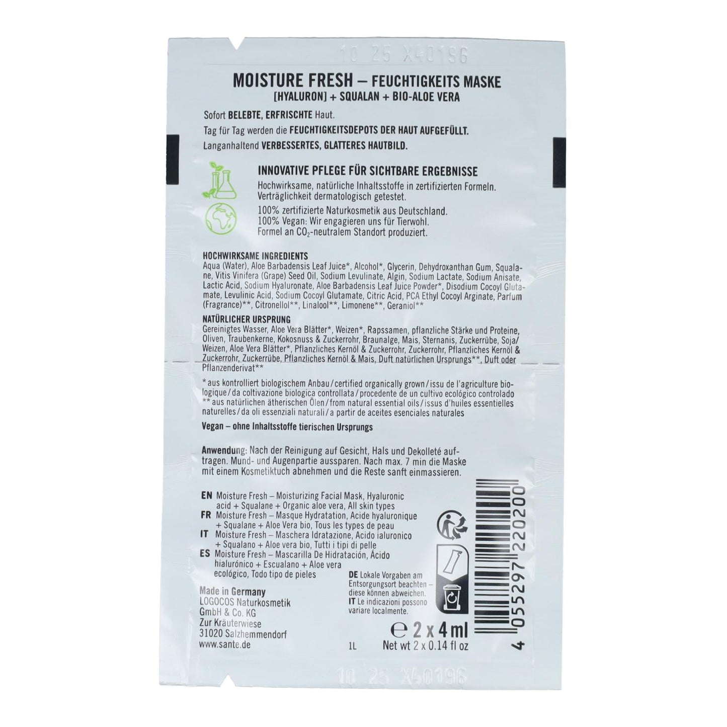 Fuktgivande ansiktsmask med hyaluronsyra och aloe vera, Sante 2 x 4 ml