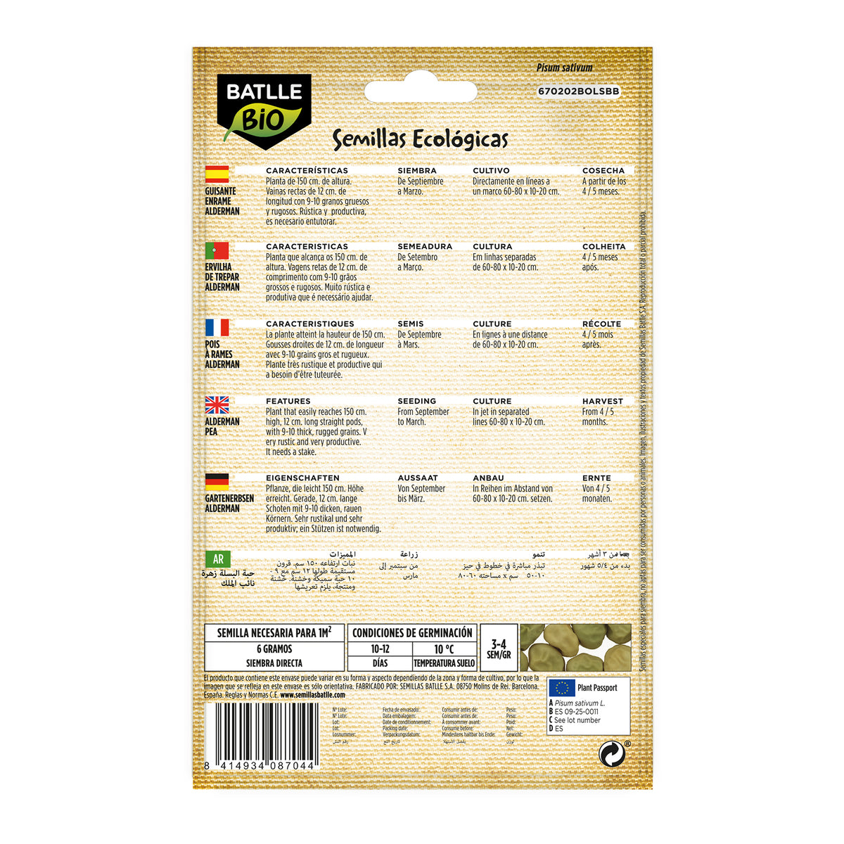 Semi di pisello 1/2 rampicante Alderman biologici Batlle