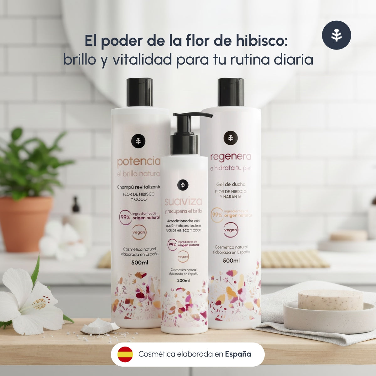 Hibiscus Flower Pack: Shine-enhancing shampoo 500 ml + Shower gel 500 ml + Shine-restoring conditioner 200 ml Planeta Huerto