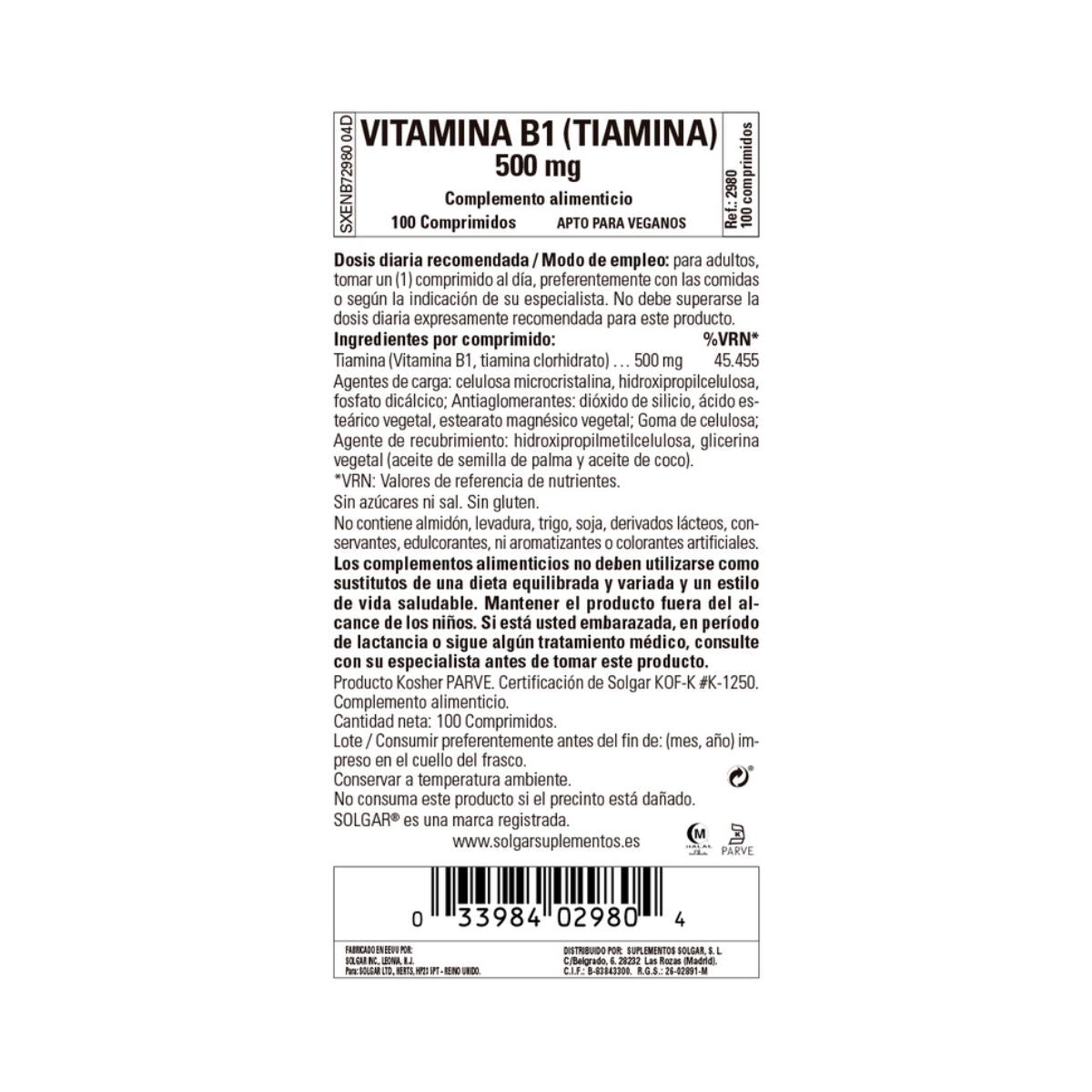 Vitamin B1, 100 Tabletten à 500 mg