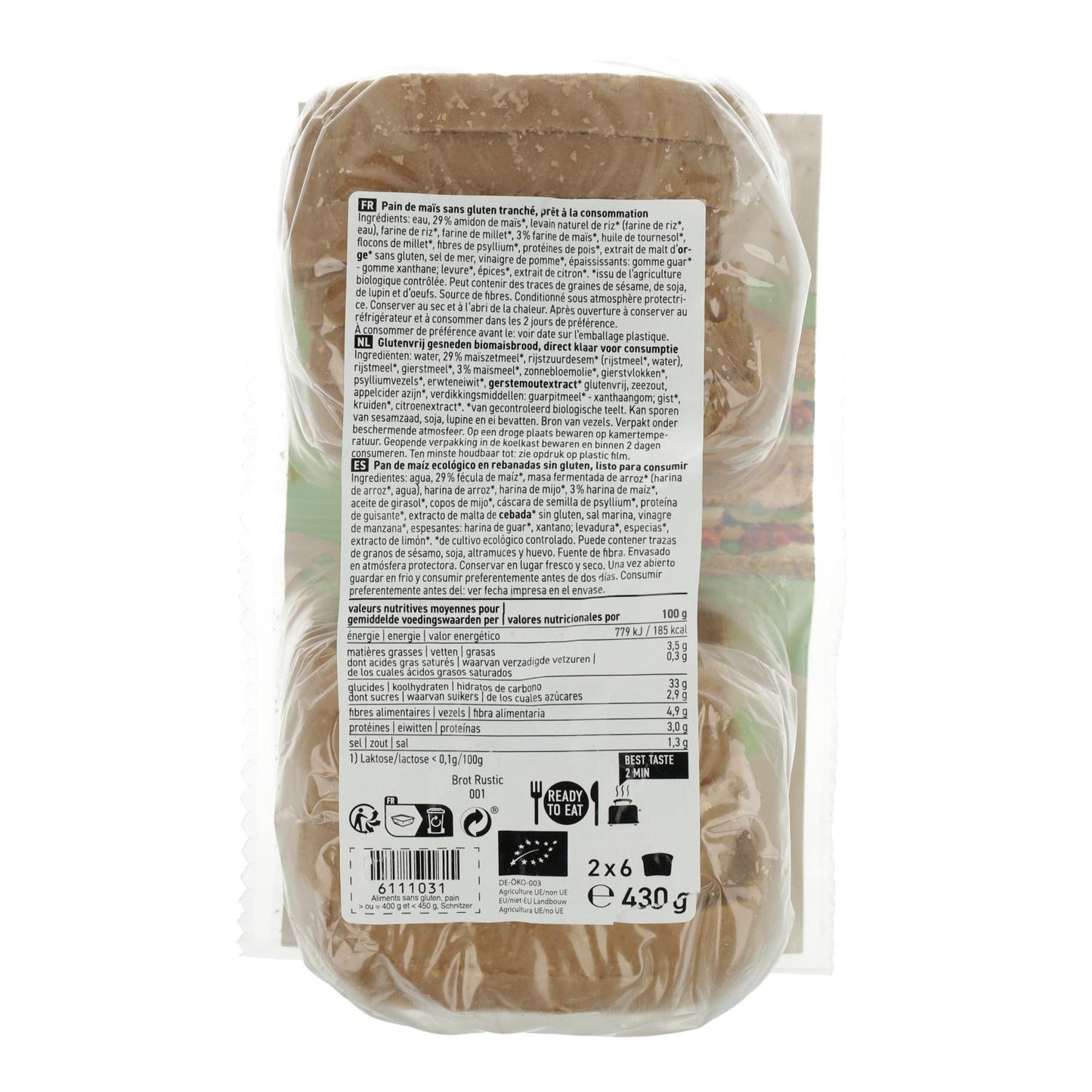 Glutenfreies Bio-Maisbrot in Scheiben Schnitzer 430 g