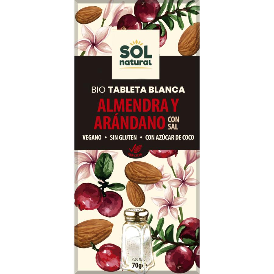 Tablette de chocolat blanc végétalien aux amandes et myrtilles bio Sol Natural 70 g
