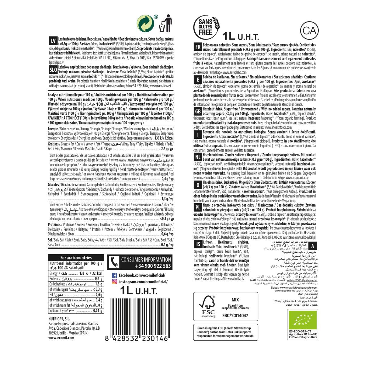 Sockerfri hasselnötsdryck Ecomil 1 L