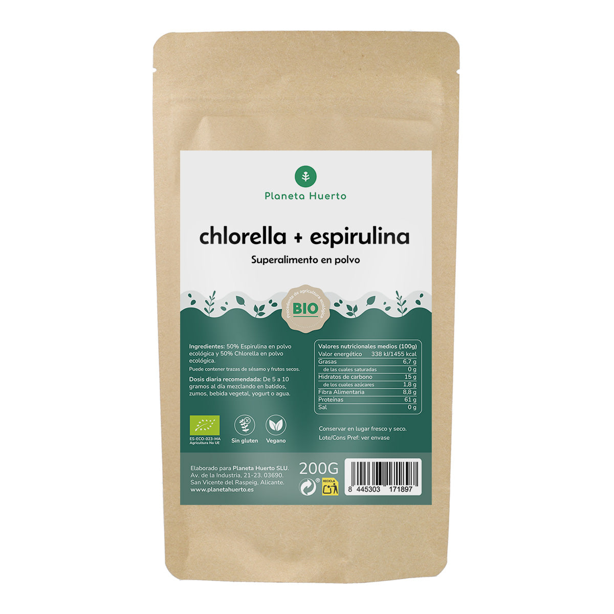 Chlorella + Spirulina pulver Planeta Huerto 200 g