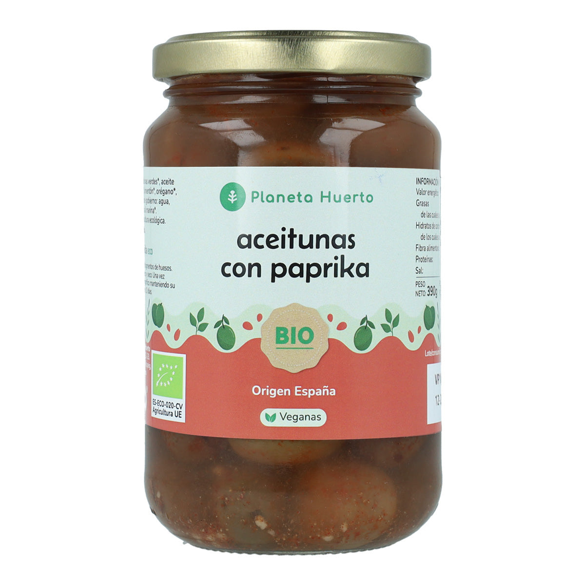 Gröna oliver med Paprika Eco Planeta Huerto 390 g