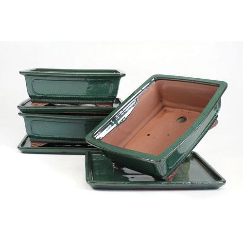 Vaso bonsai rettangolare 25 cm con piattino verde