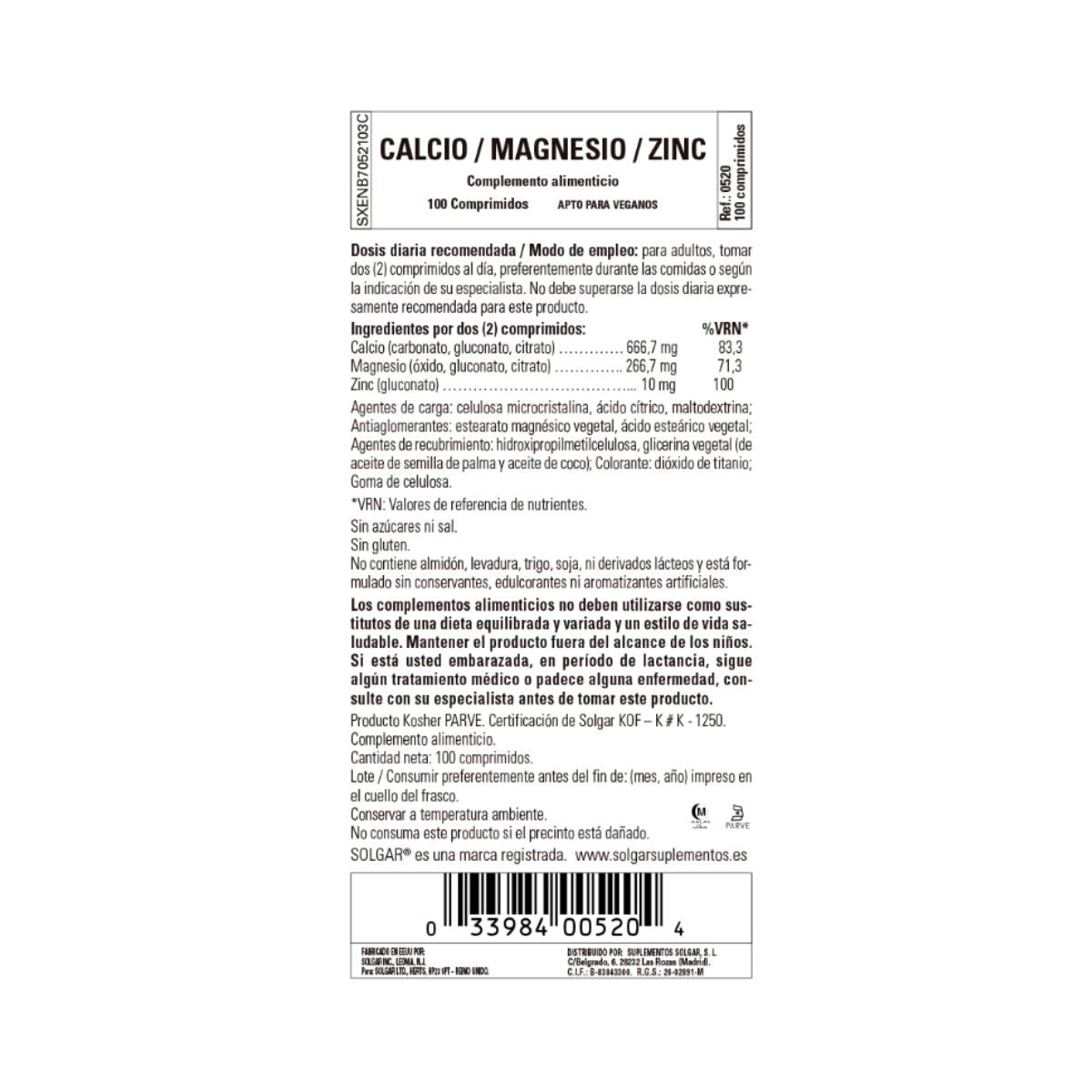 Calcium et magnésium avec zinc, 100 comprimés, Solgar