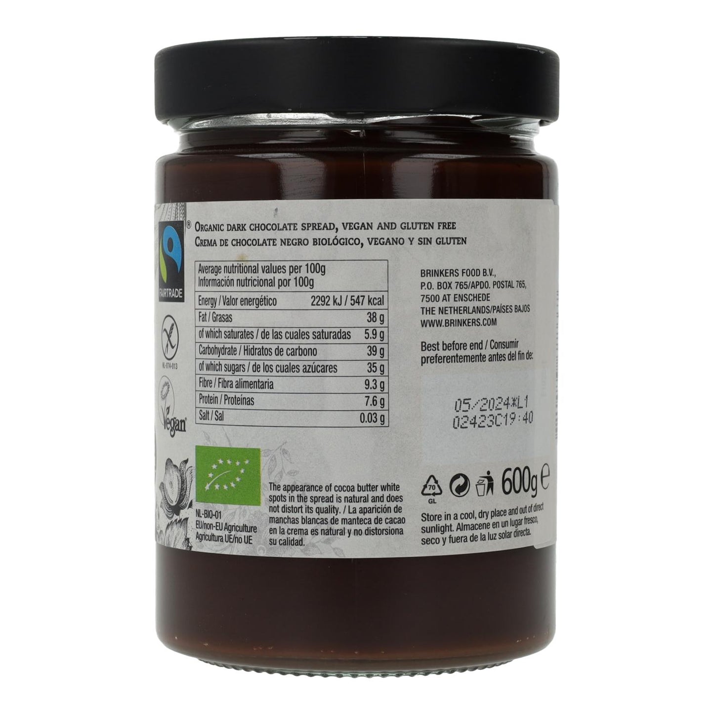 Crème au chocolat noir végane et sans gluten, La Vida Vegan, 600 g