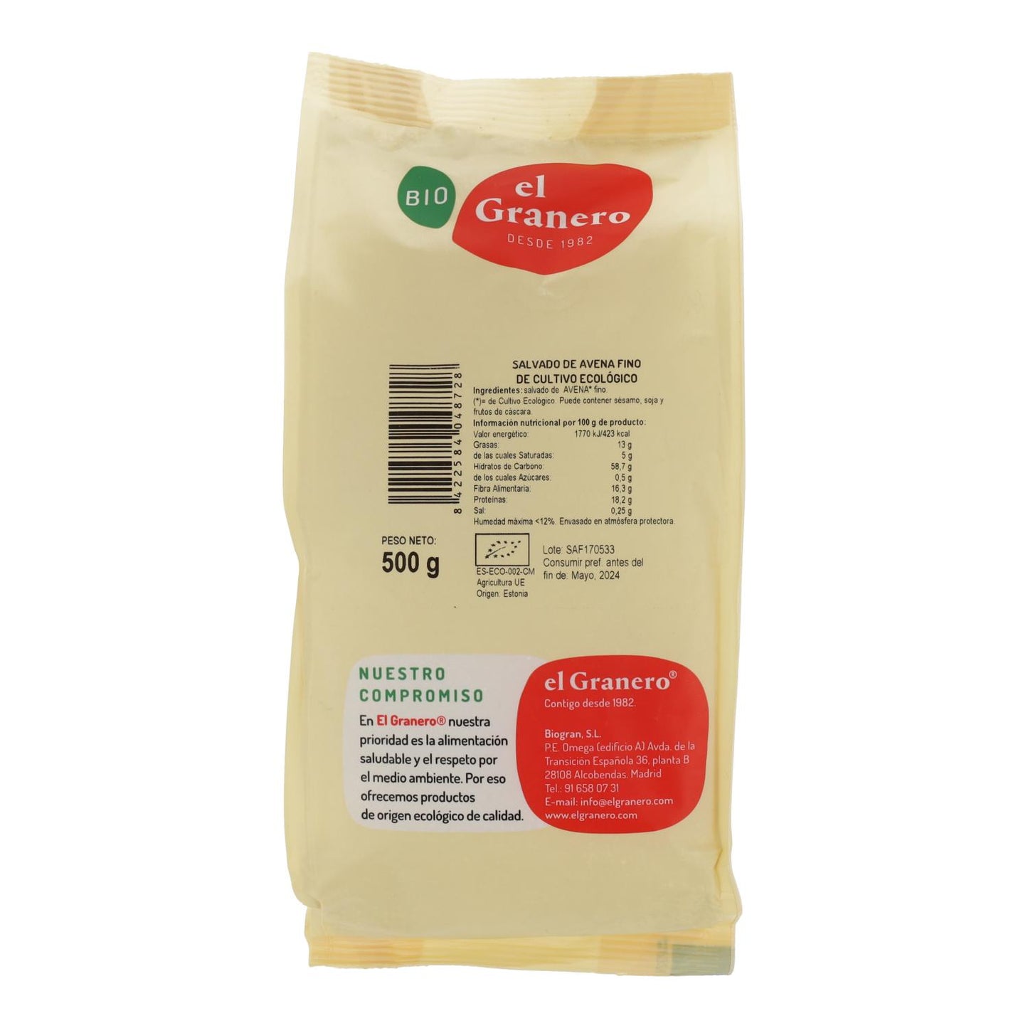Crusca di avena fine biologica El Granero, 500 g