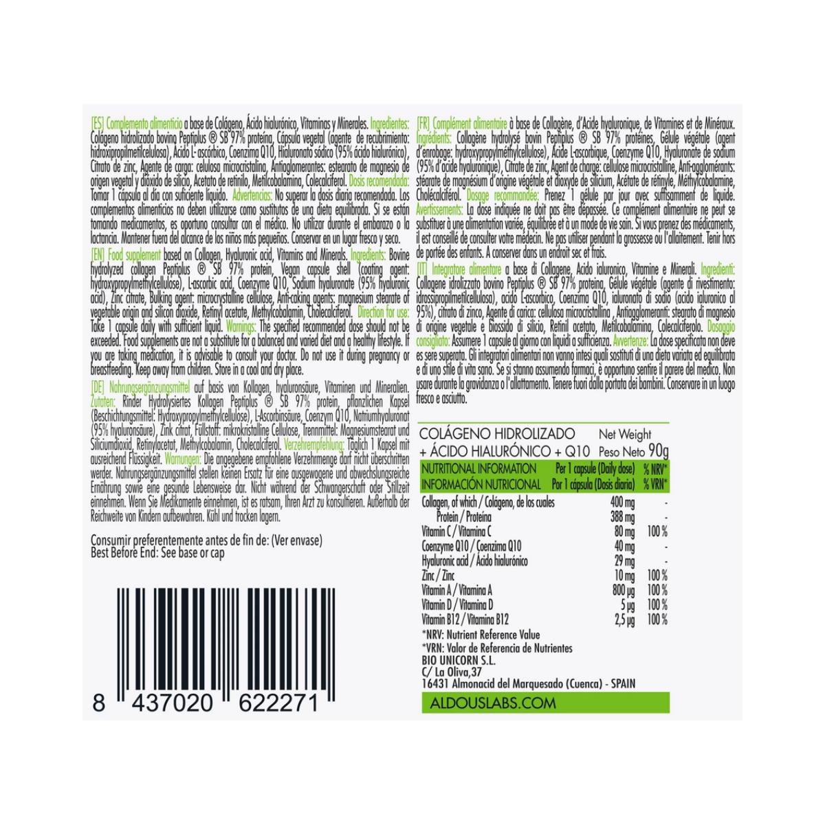 Hydrolizowany kolagen + kwas hialuronowy + koenzym Q10 + witaminy + cynk, 120 kapsułek Aldous Labs