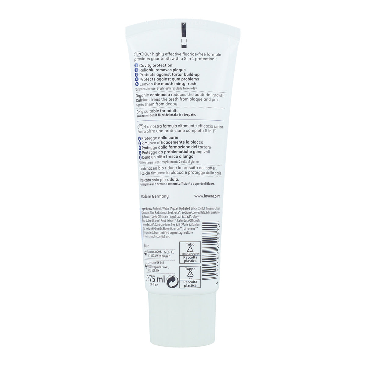 Dentifrice soin complet sans fluor à l'échinacée BIO & calcium, Lavera 75 ml