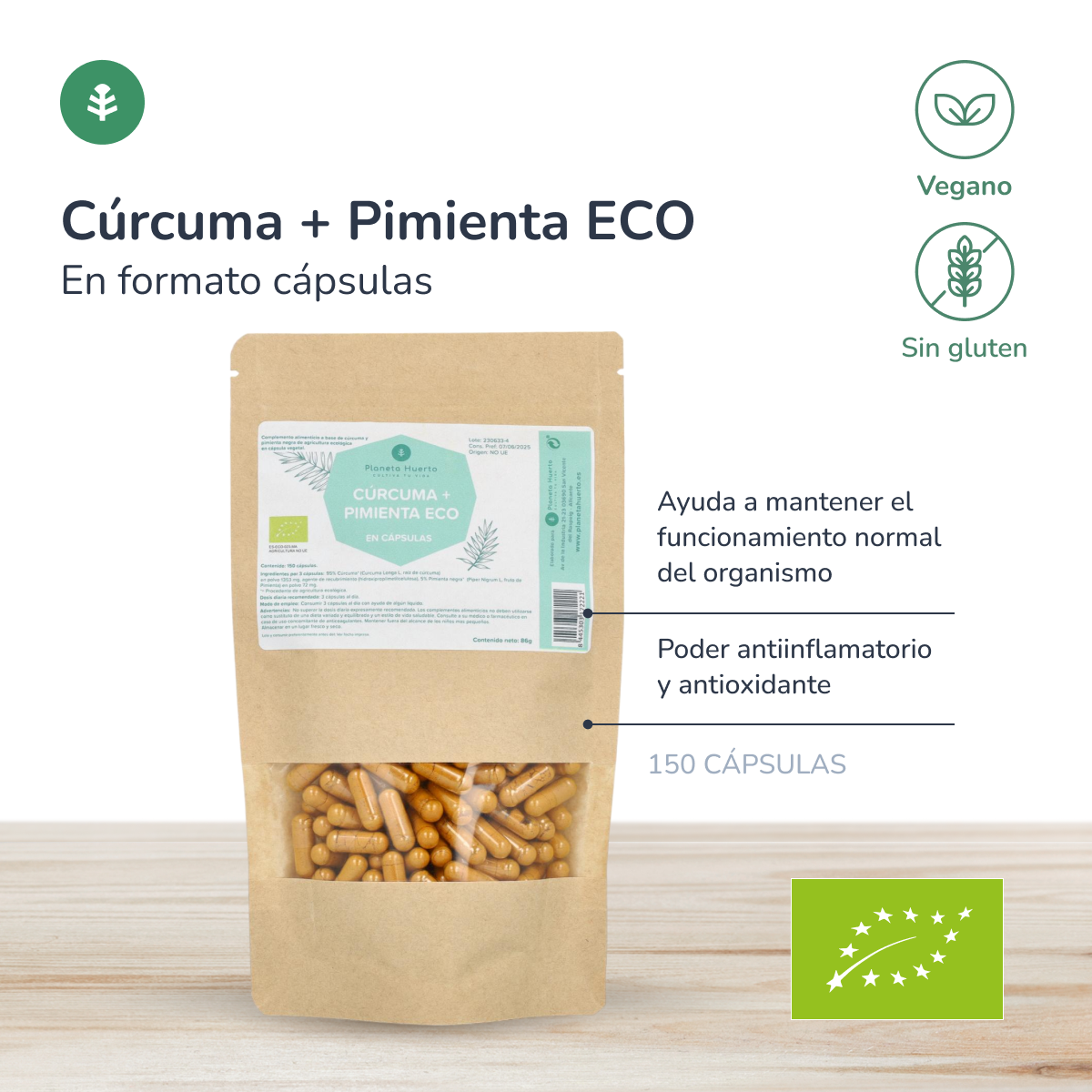 Curcuma biologica + Pepe biologico Planeta Huerto 150 capsule