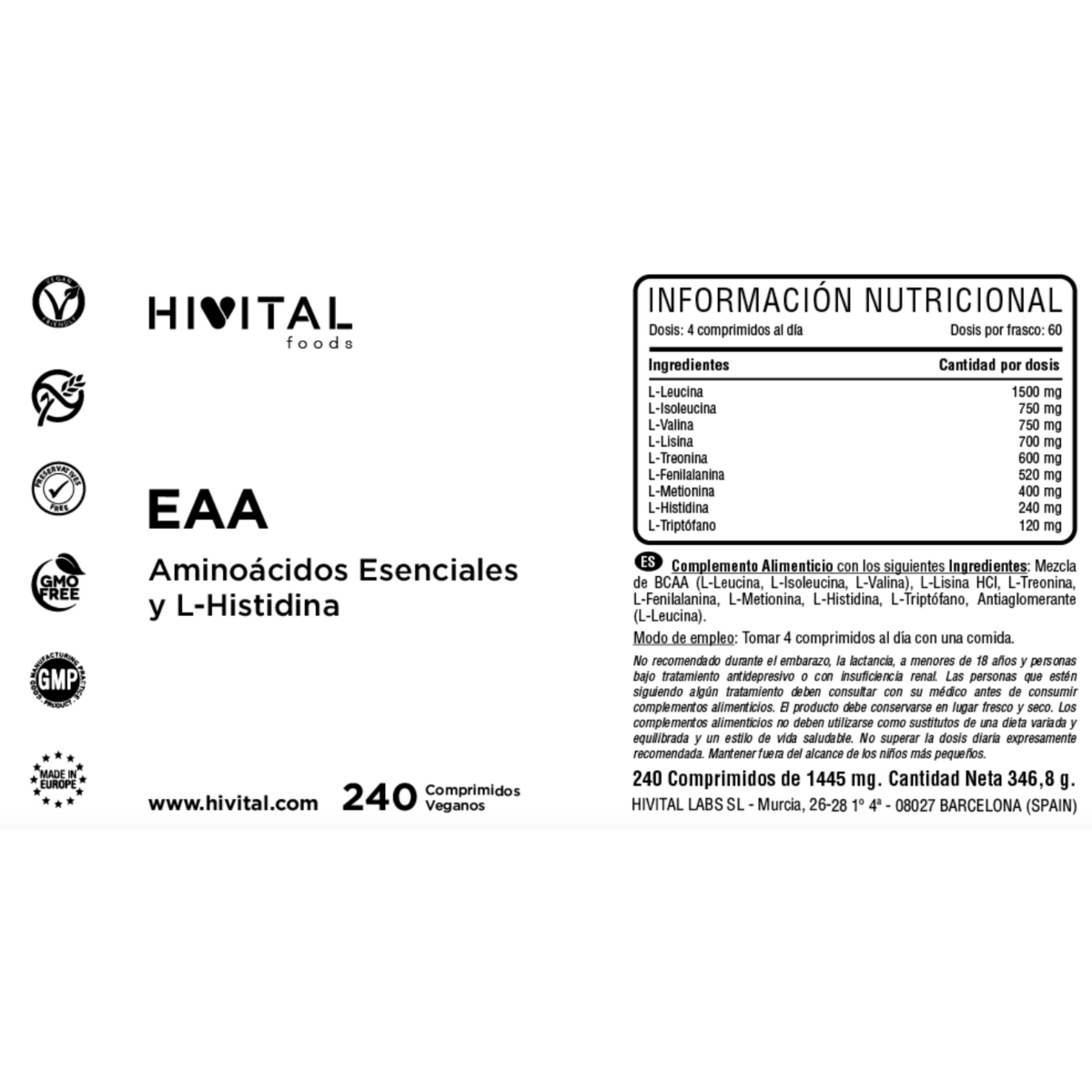 EAA essentiële aminozuren Hivital 240 veganistische tabletten
