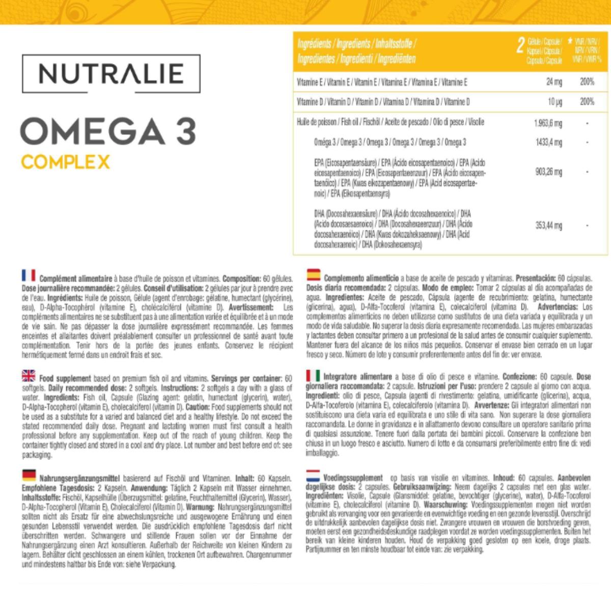 Omega-3-Komplex 2000 mg + Vitamin E und D3 DHA EPA Nutralie 60 Softgels