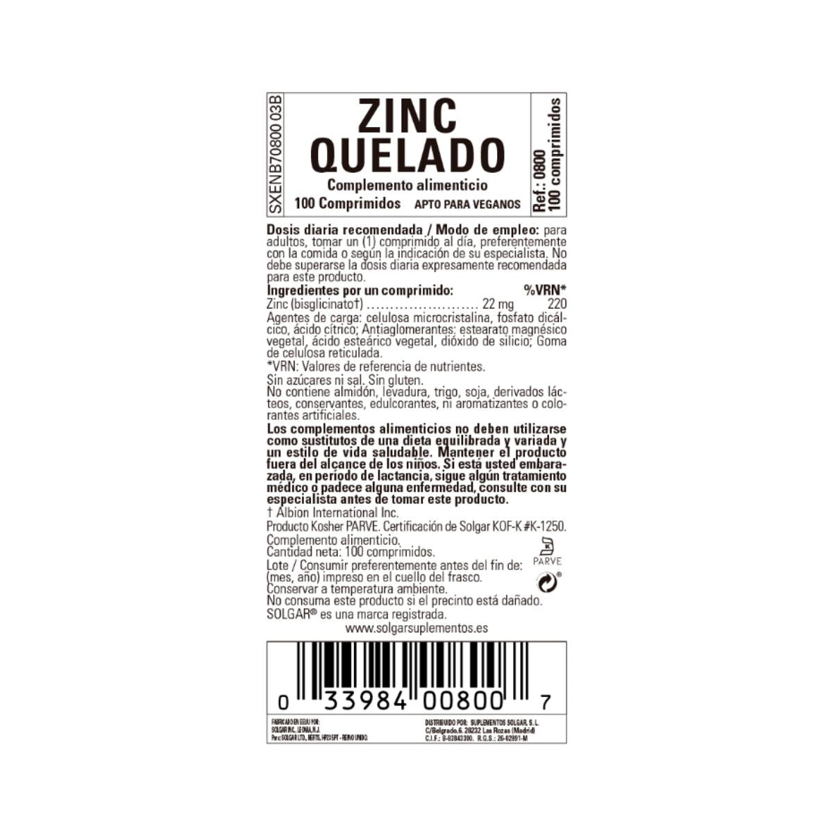 Pack of 2x Chelated Zinc, 100 tablets of 22mg