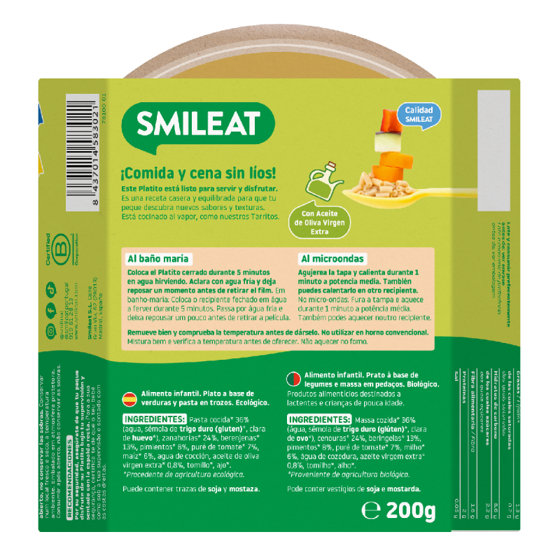 Petite assiette de macaronis aux légumes du potager ECO (à partir de 15 mois) Smileat 200 g