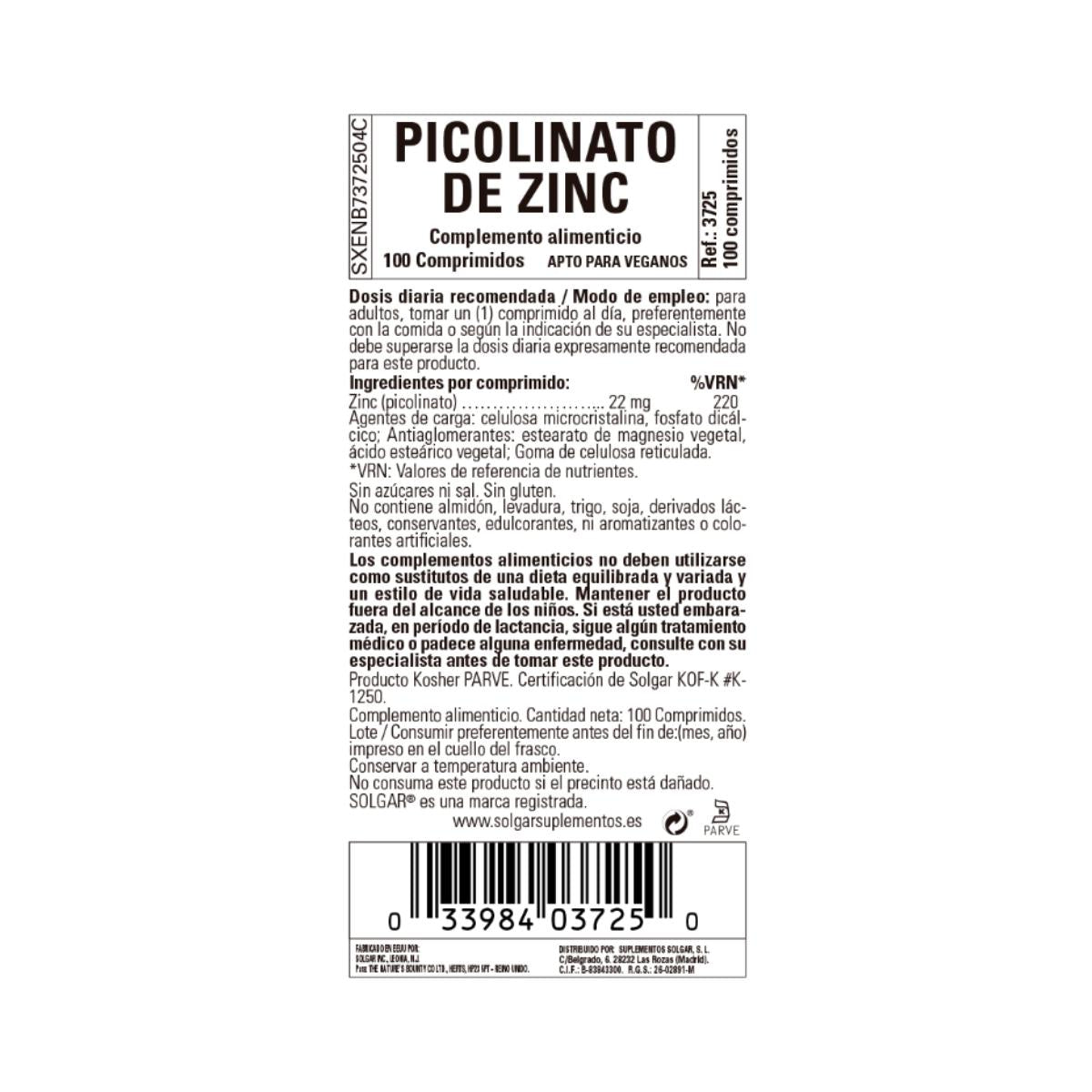 Picolinate de zinc 100 comprimés de 22 mg Solgar