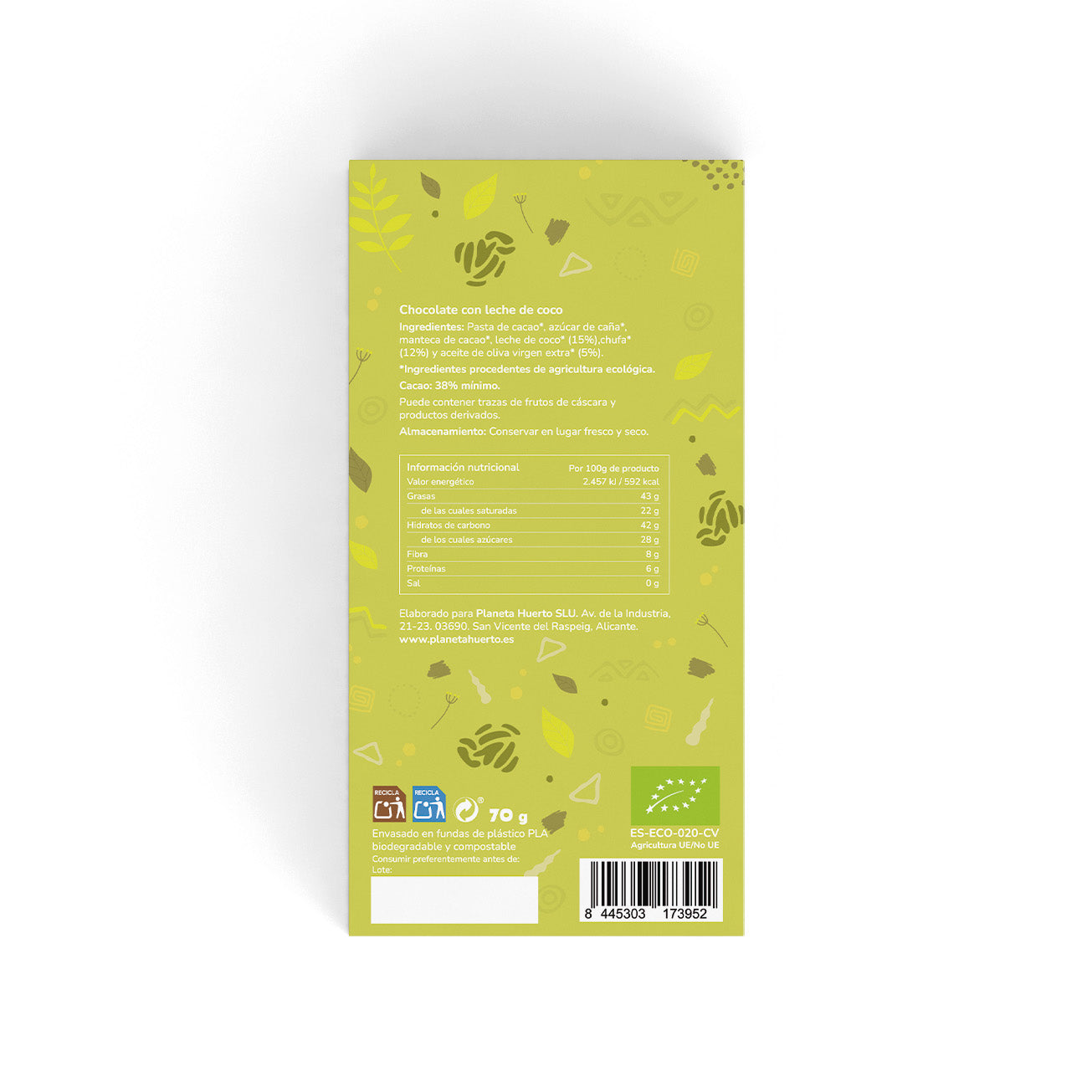 Wegański baton czekoladowy z mlekiem kokosowym 38% ECO Planeta Huerto 70 g