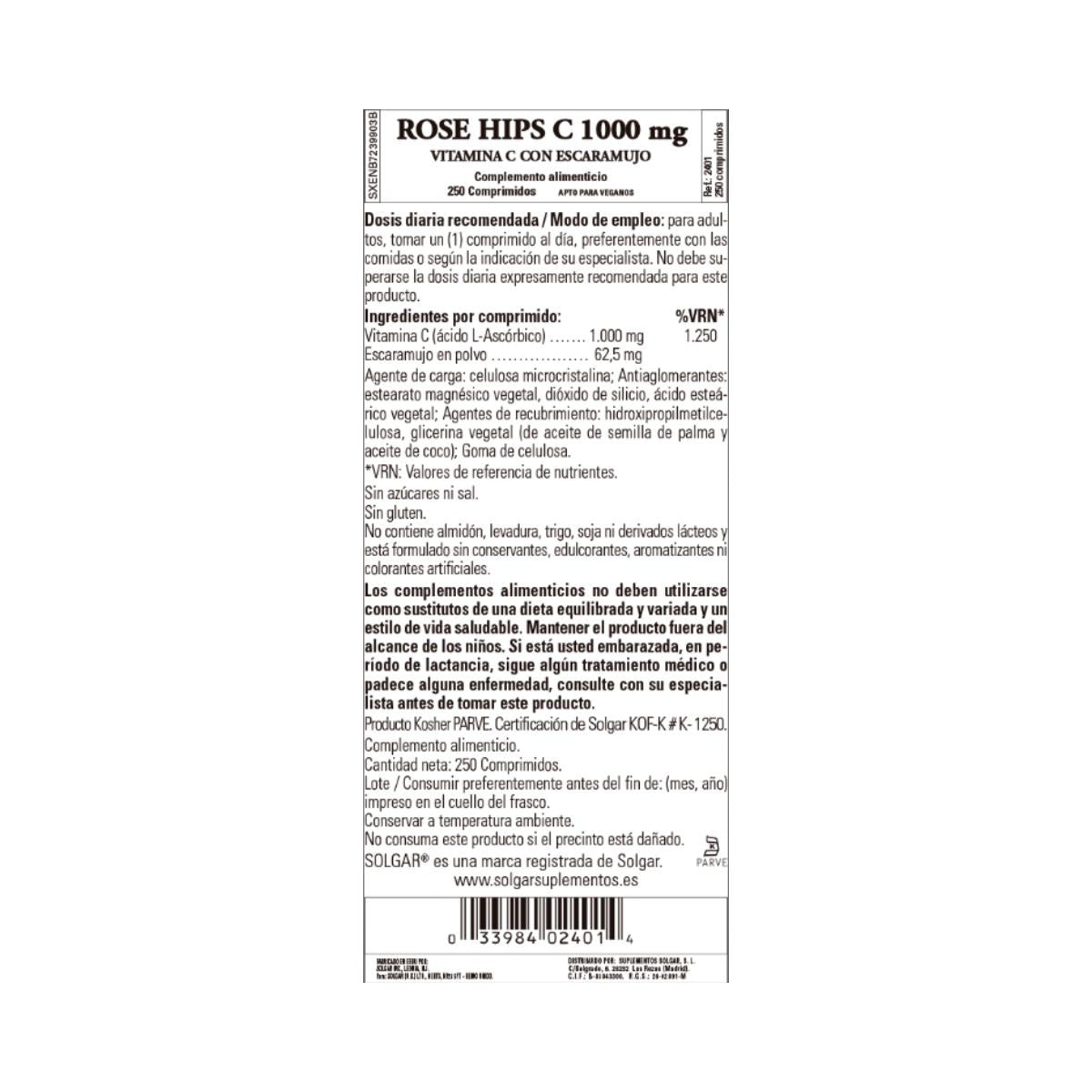 Rose Hips Vitamina C, 250 comprimidos de 1000mg