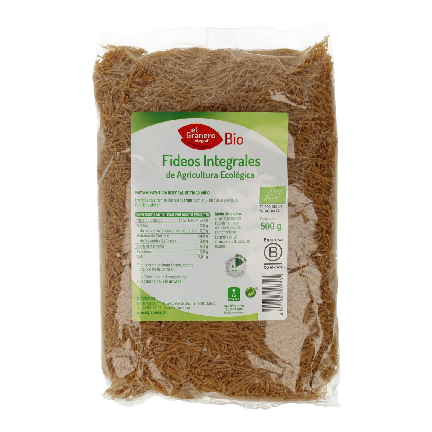 Fina fullkornspasta av vete. El Granero. 500 g
