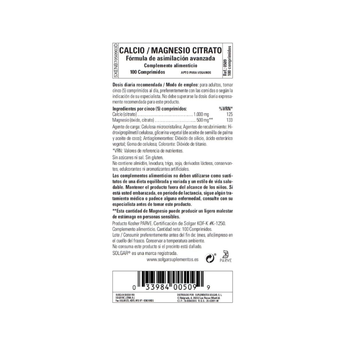 Cytrynian wapnia i magnezu Solgar 100 tabletek
