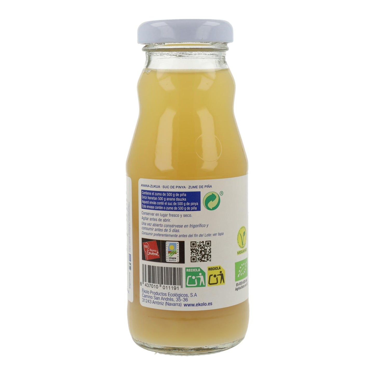 Jus d'ananas 100 % bio, fraîchement pressé, Ékolo 200 ml
