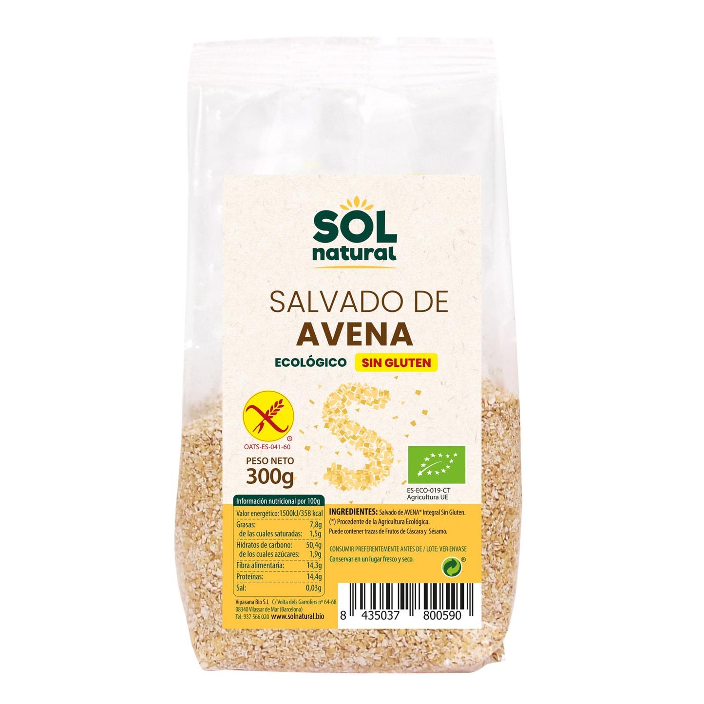 Glutenfreie Haferkleie Sol Natural 300 g