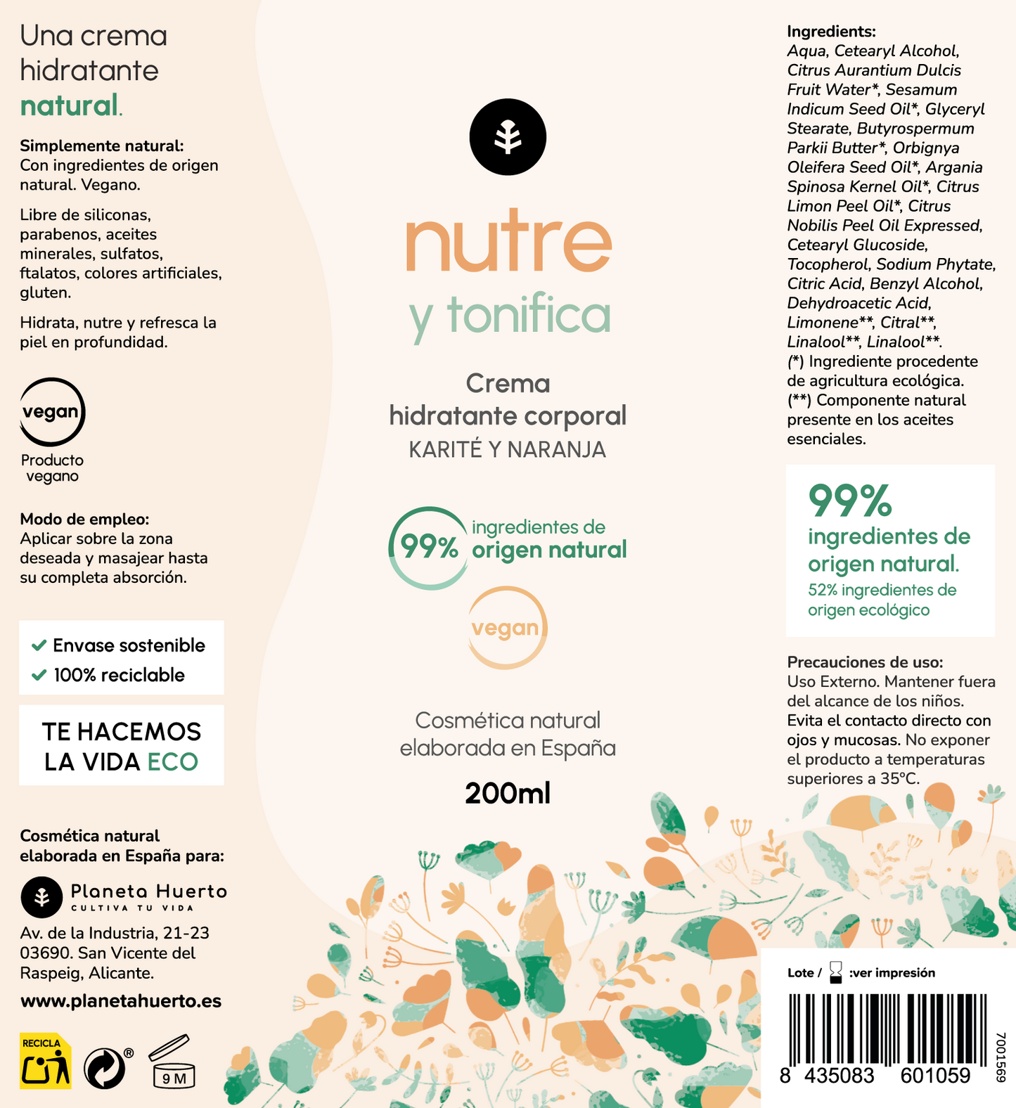 Shea Butter and Orange Body Moisturising Cream Planeta Huerto 200 ml