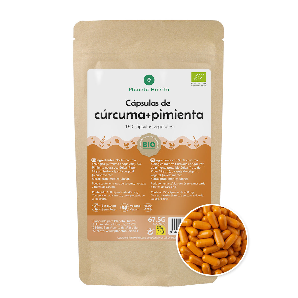 Biologische Kurkuma + Biologische Peper Planeta Huerto 150 capsules