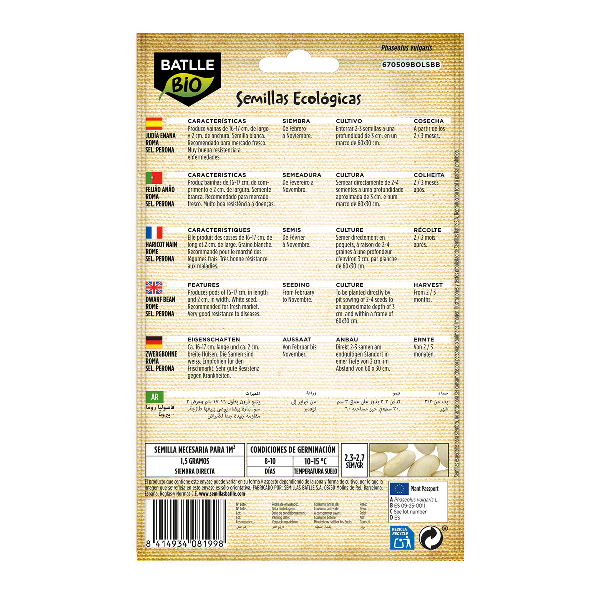 Organic Roma Perona Dwarf Bean Seeds Batlle