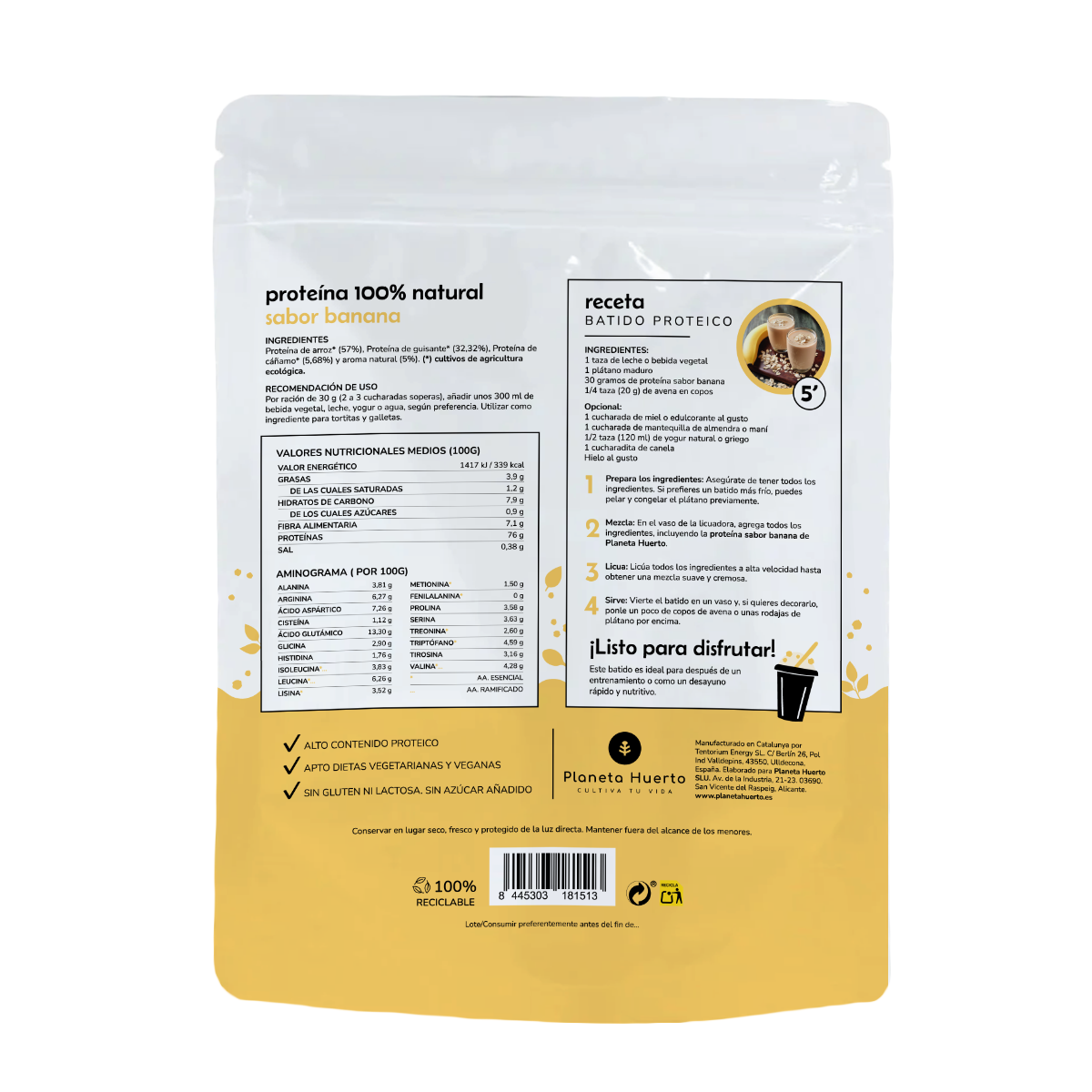 Pflanzliches Eiweiß ECO 76% Banane Planeta Huerto 500 g