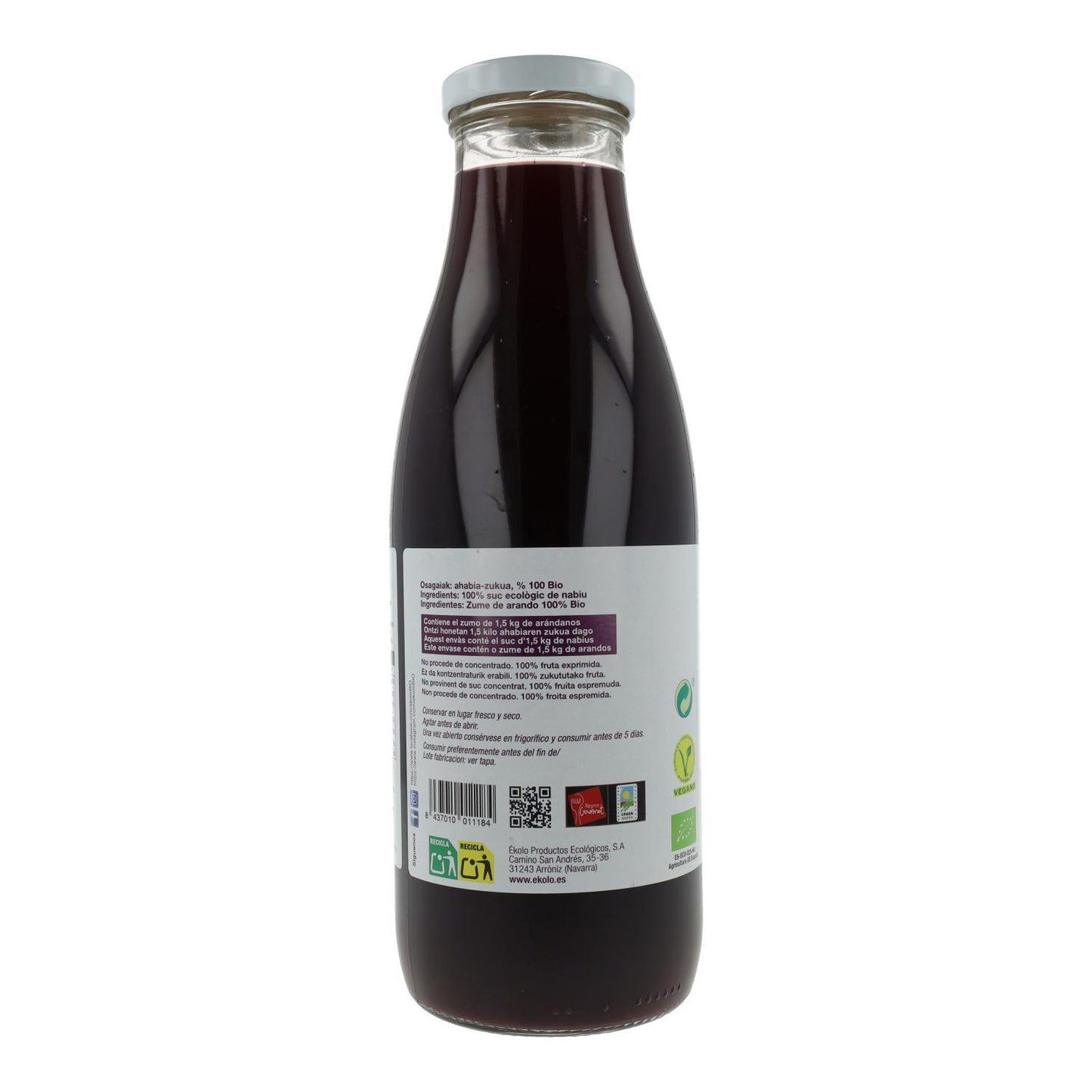 Jus de myrtilles fraîchement pressé 100 % bio ékolo 750 ml
