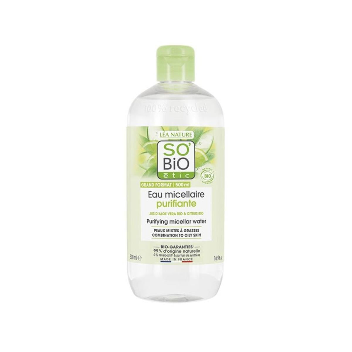 Purifying micellar water with zinc, aloe vera & organic lime, So'Bio étic 500 ml