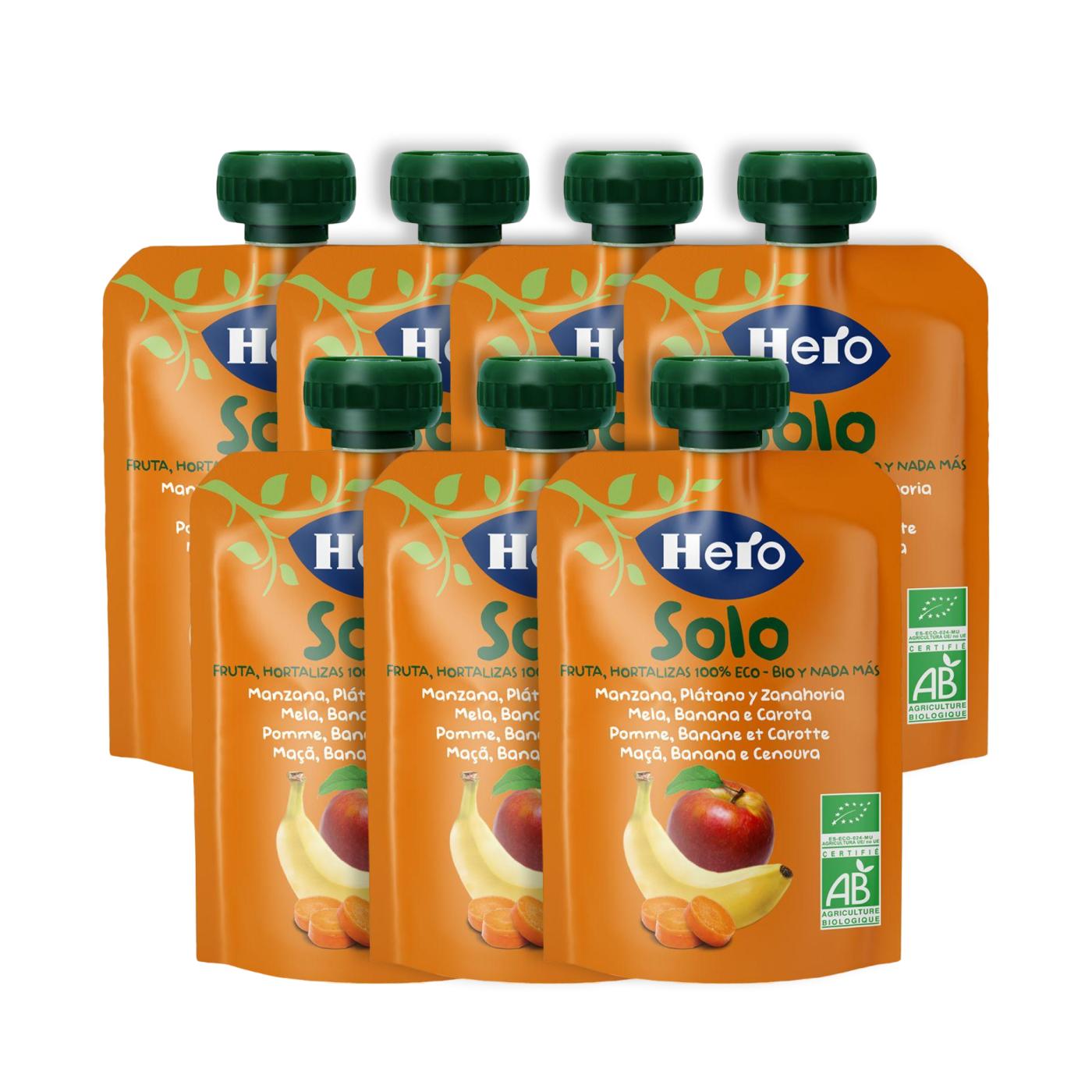 Pakket x7 zakjes appel, banaan en wortel 100% biologisch 100 g - Hero Solo