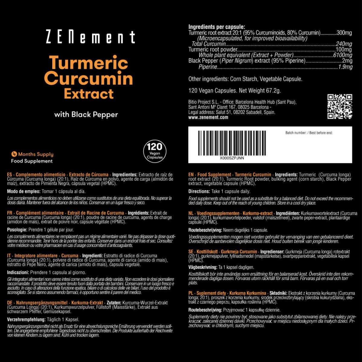 Wyciąg z kurkumy z czarnym pieprzem, Zenement 120 tabletek