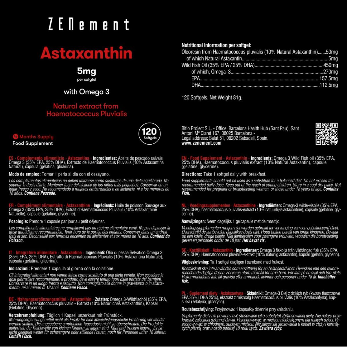 Astaxanthin, 5 mg med Omega 3 Zenement, 120 tabletter Astaxanthin 5 mg med Omega 3