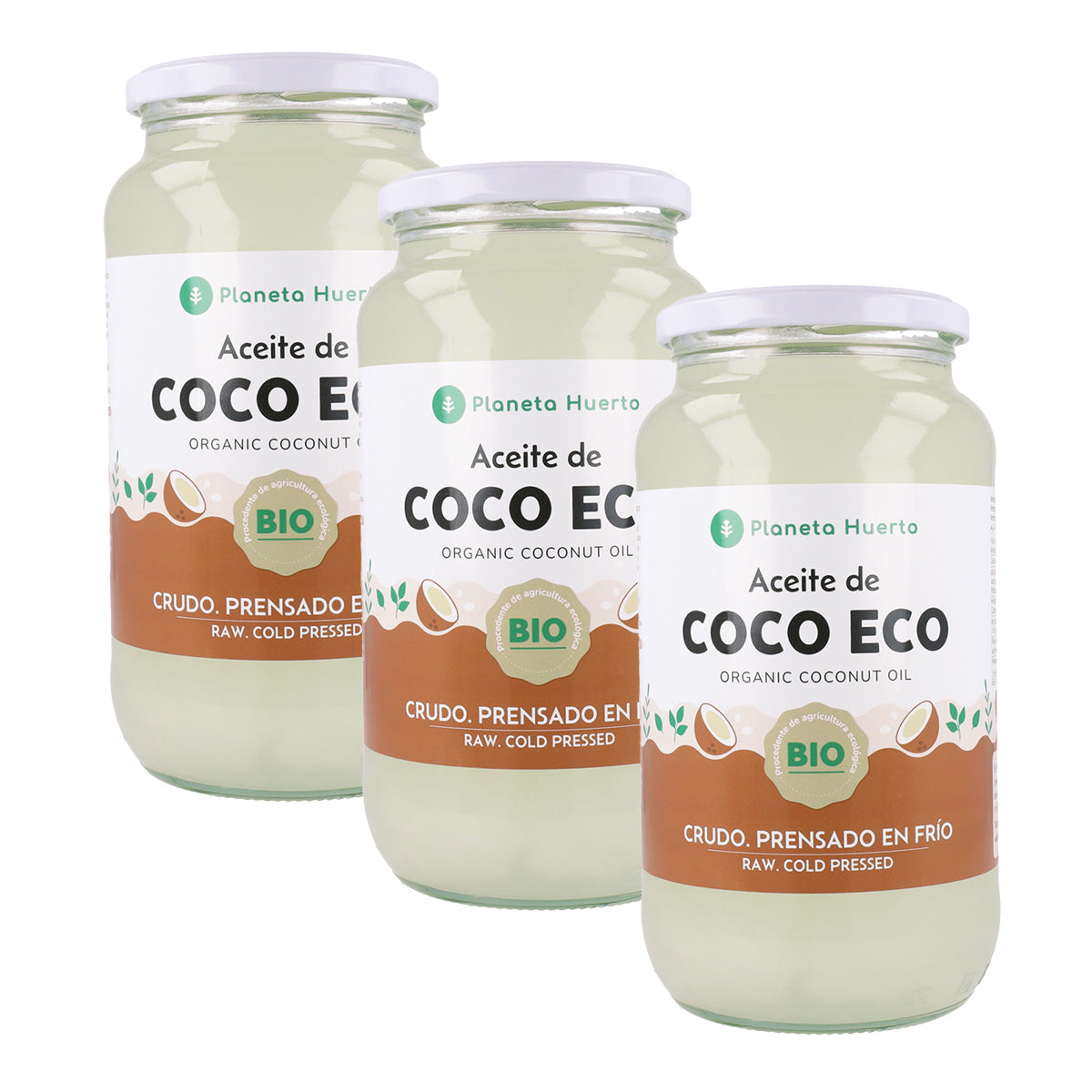 Förpackning 3x Jungfru kokosnötsolja ECO Planeta Huerto 1L
