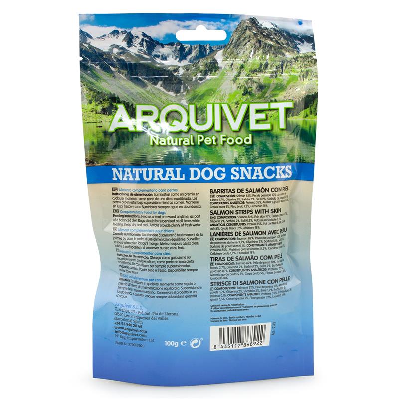 Snack naturale per cani Barrette di salmone con pelle Arquivet 100 g