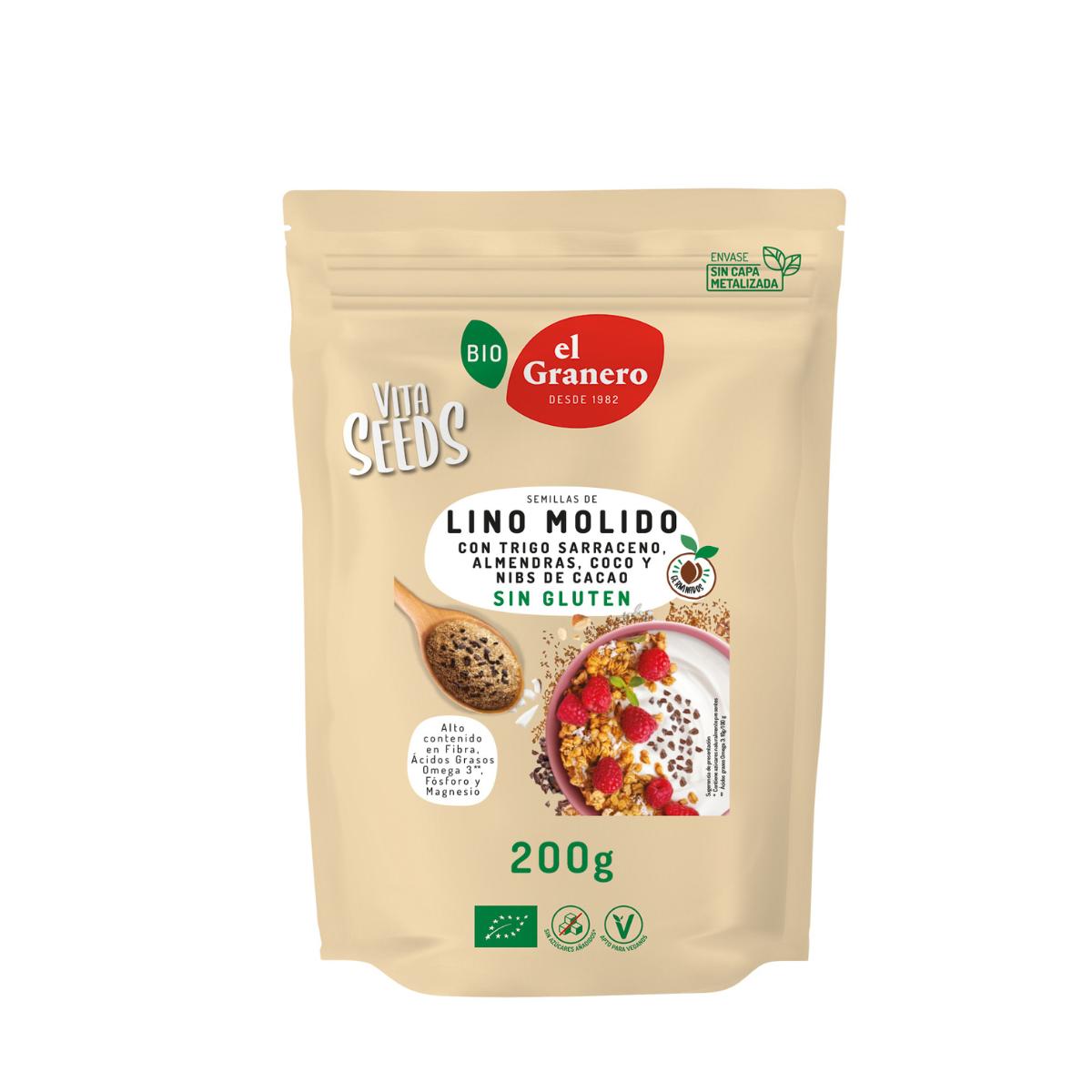 Graines de lin moulues avec sarrasin, amandes, noix de coco et éclats de cacao Vitaseeds Bio El Granero 200 g