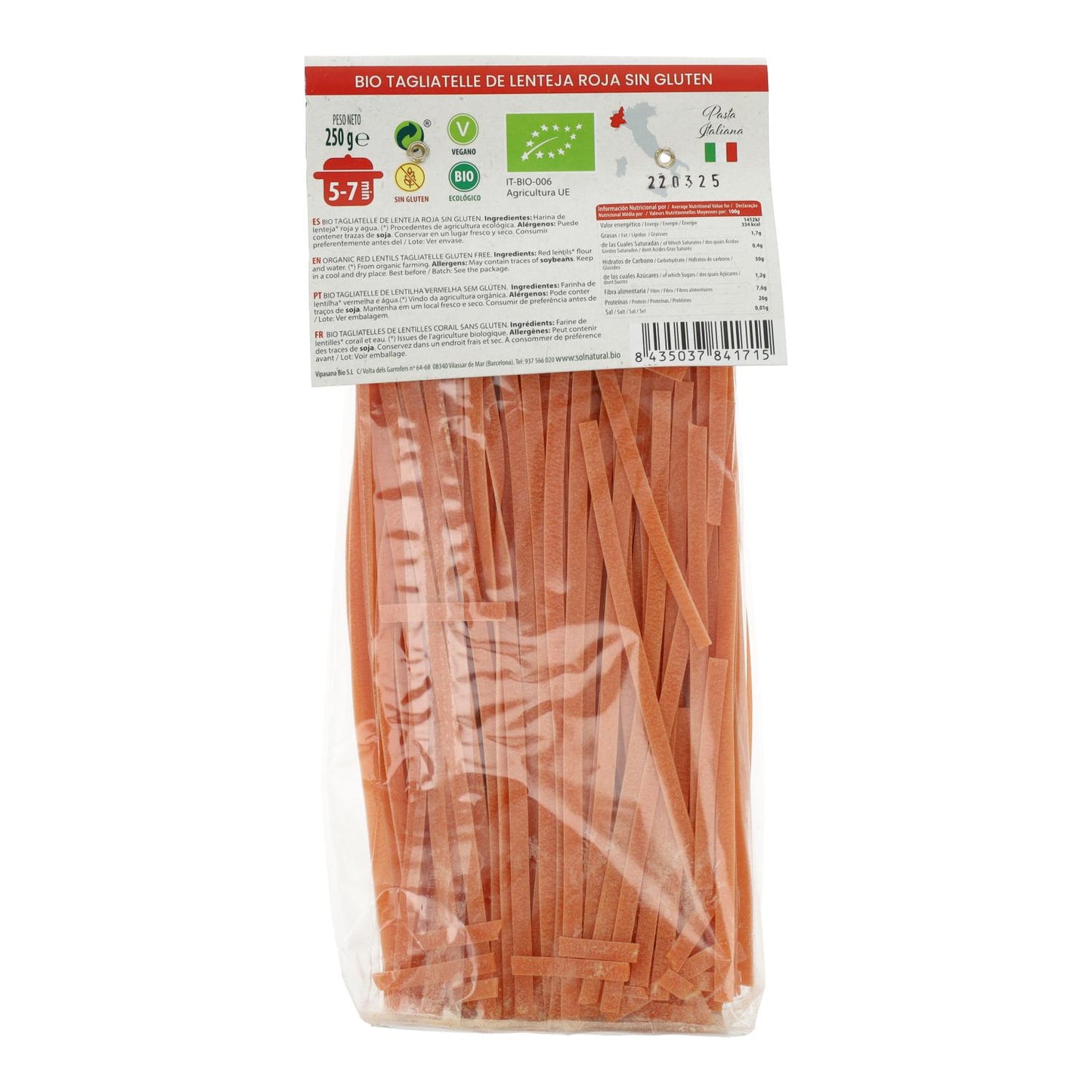 Tagliatelles de lentilles rouges sans gluten bio Sol Natural 250 g
