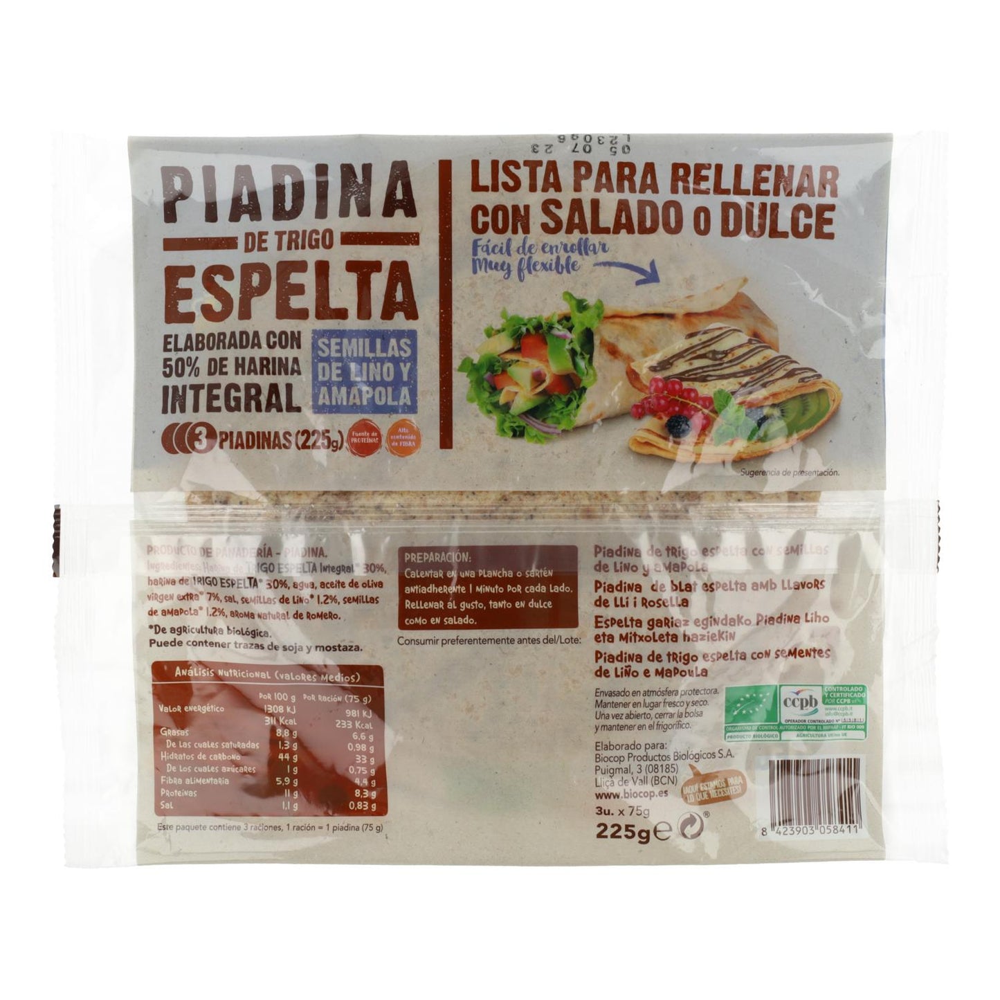 Piadina de trigo Espelta Integral con Semillas de Lino y Amapola Biocop 225 g