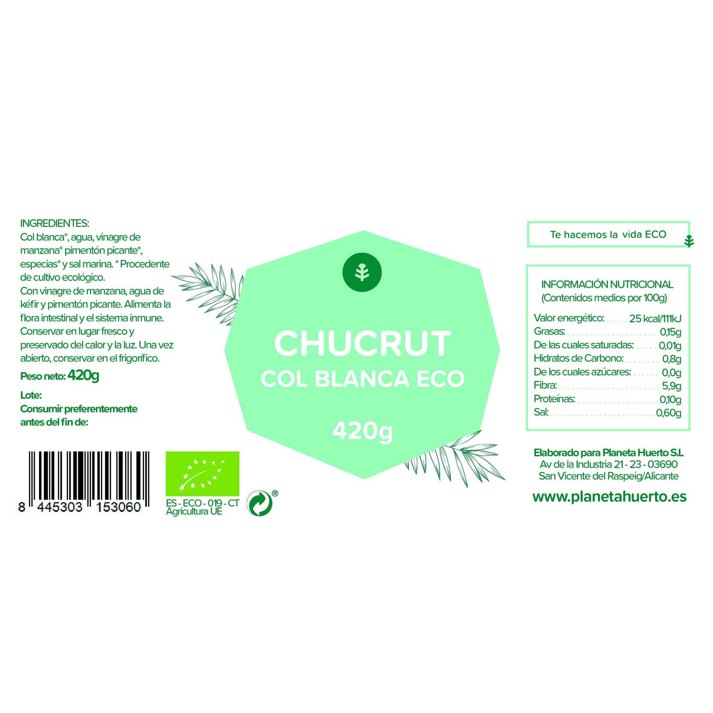 Chucrut Col Blanca ECO Planeta Huerto 420 g