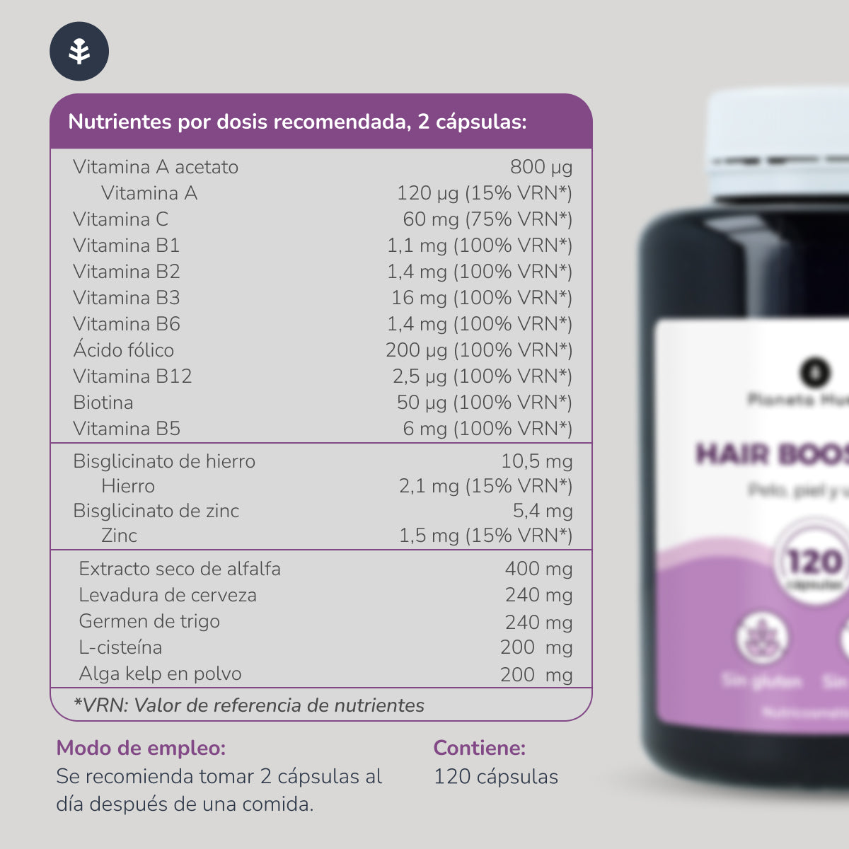 Packung 2xHair Booster Haare, Haut und Nägel Planeta Huerto 120 Kapseln