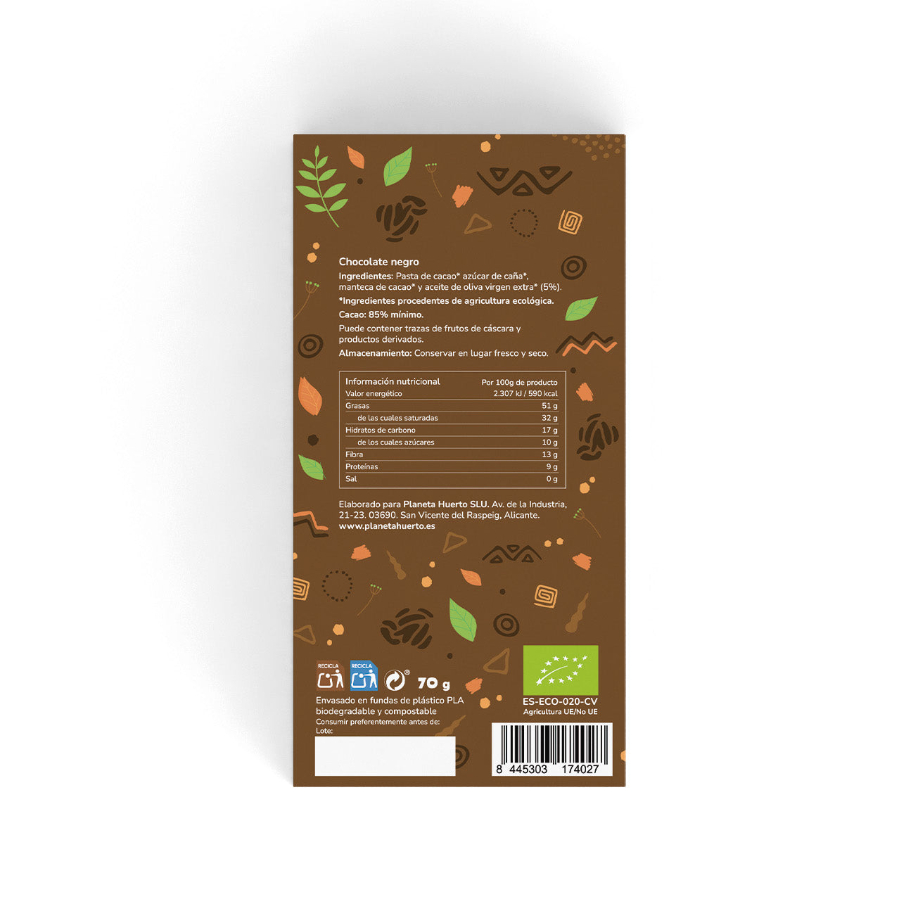 Tableta chocolate negro 85% ECO Planeta Huerto 70 gr