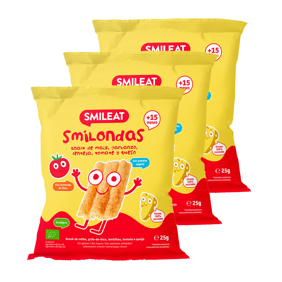 3-pack Smilondas Snack med majs, kikärter, linser, tomat och ekologisk ost, Smileat, 25 g