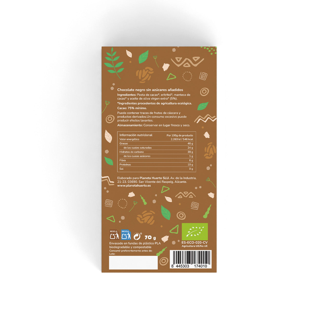 Mörk chokladkaka 75% utan tillsatt socker ECO Planeta Huerto 70 g