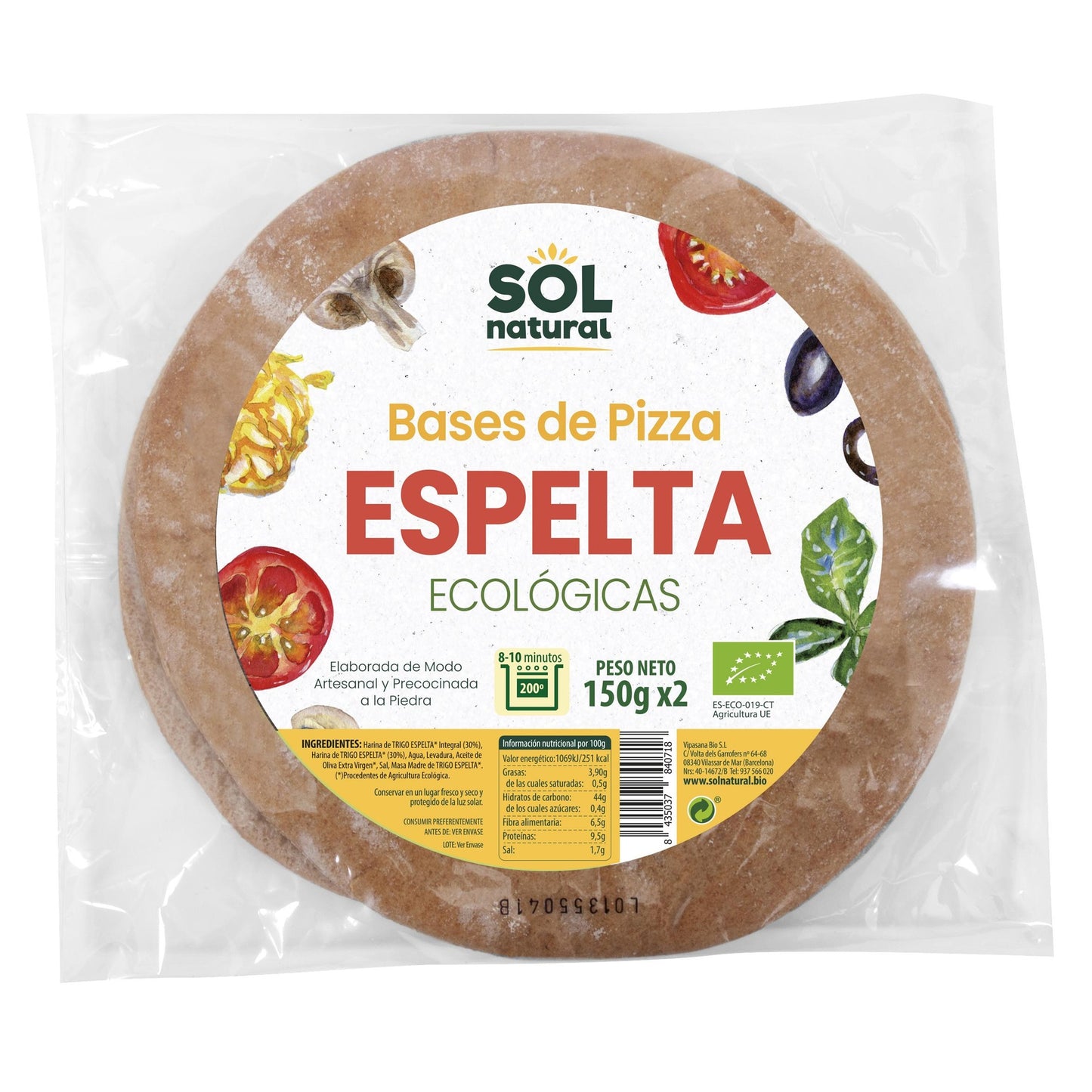 Base per pizza con impasto spesso di farro integrale Sol Natural 2 x 150 g