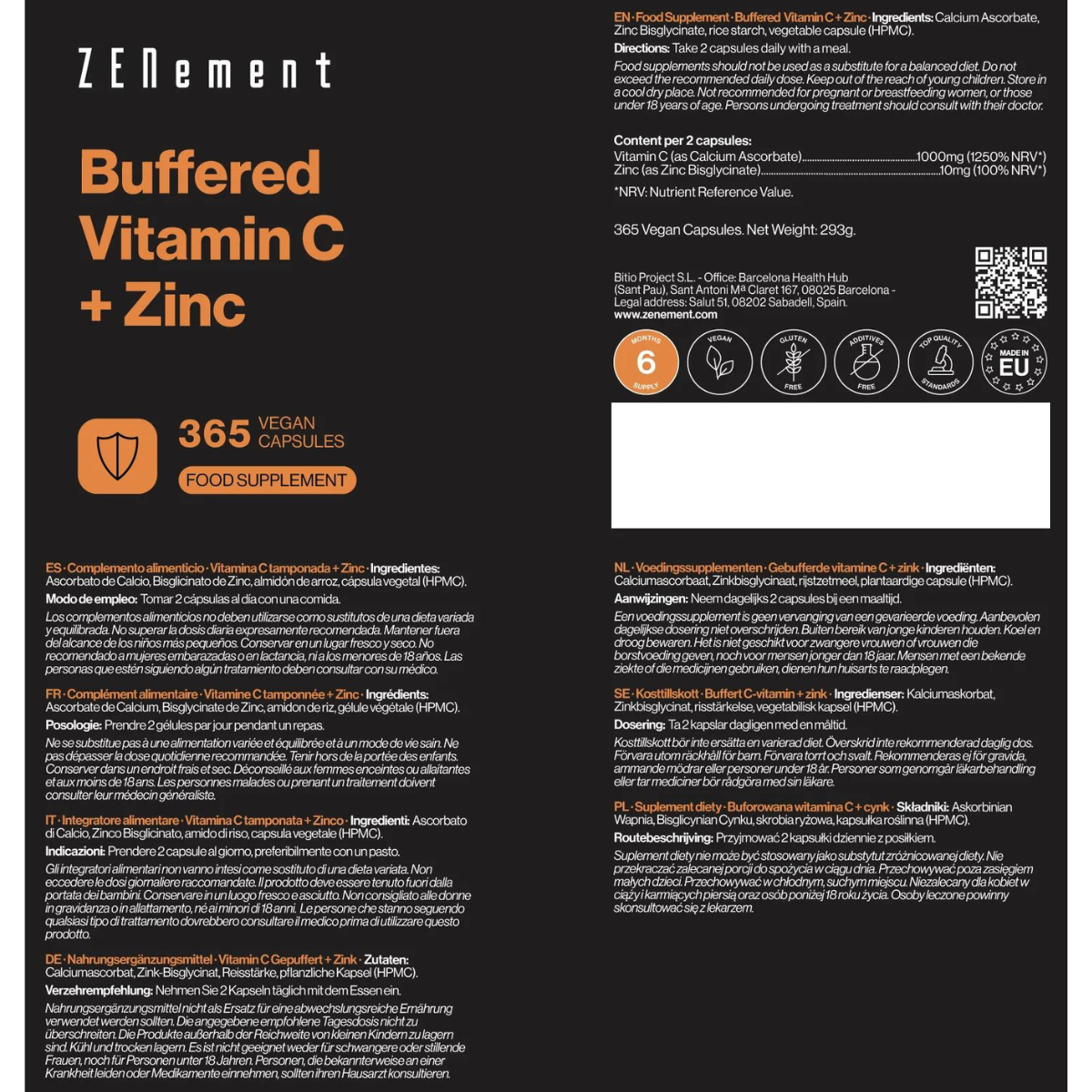 Gepufferde vitamine C + zink Zenement 365 veganistische capsules