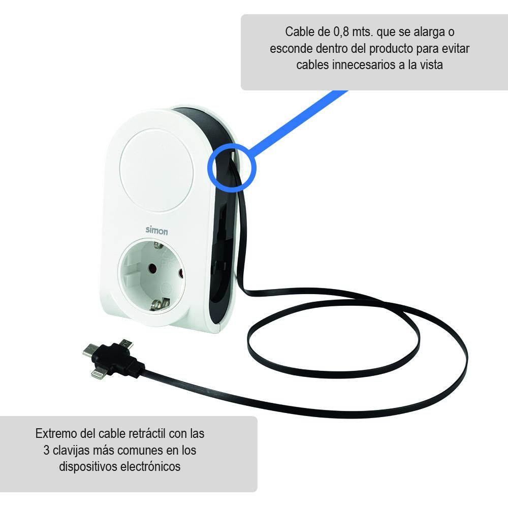 Adattatore con 3 spine USB cavo avvolgibile +1 porta USB a + 1 presa 16a Simon