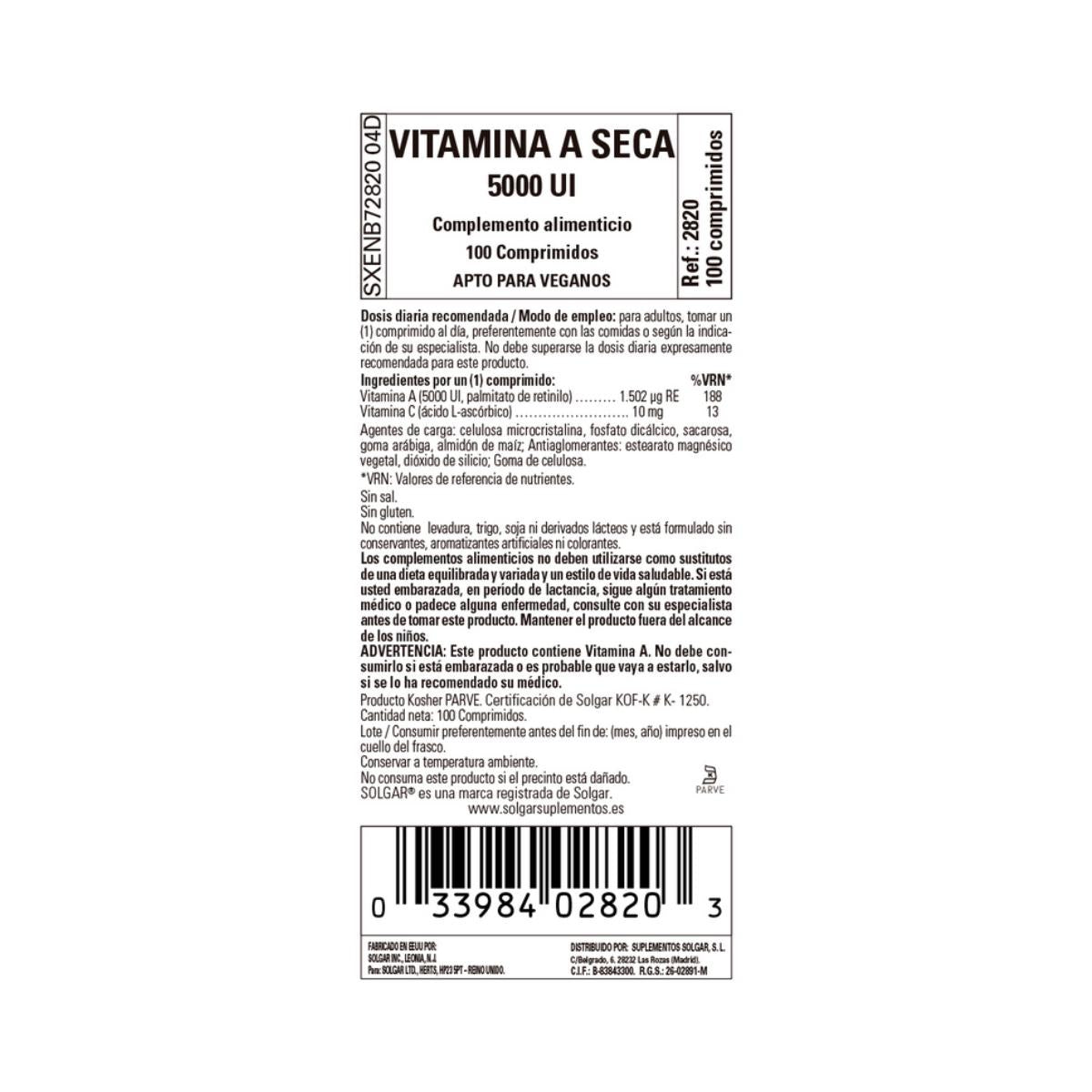 Vitamina A secca 5000 UI palmitato, 100 compresse (5000UI)